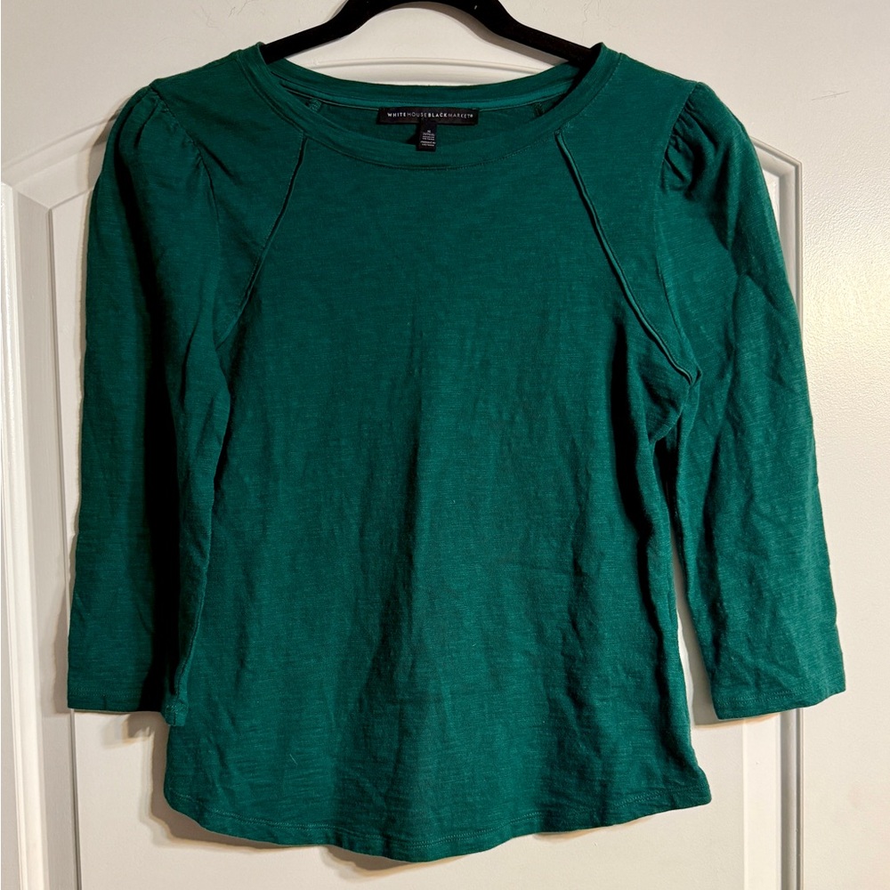 White House Black Market Top Small Green Puff Sleeve Slub Knit Soft Girl Jewel